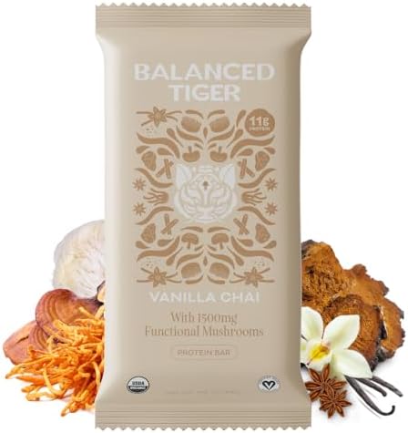 Organic Functional Mushroom Vegan Protein Bars | Made in USA | Full Dose (1500mg) Lions Mane, Chaga, Reishi & Cordyceps Bars | Plant Protein Bars w/Adaptogens & Superfoods | Vanilla Chai Flavor
