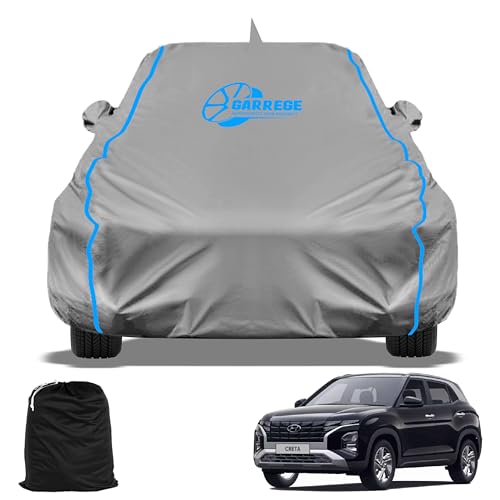 Image of Waterproof Car Cover Compatible with Hyundai Creta Cover, All-Weather Protection, Soft Cotton Inner Lining, Mirror & Antenna Pockets, Adjustable Belt with Buckle & Elastic, (Grey)