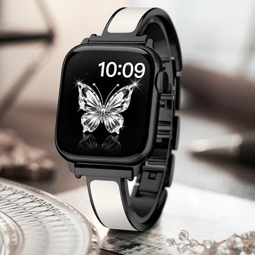 G-ficu Slim Metal Band for Apple Watch Bands for Women 41mm 40mm 42mm(S10) 38mm iWatch Bands Bracelet, Thin Dressy Cute Fancy Strap for Apple Watch Band Series 10 Series 9 8 SE 7 6 5 4 3-Black White by G-ficu - Used condition - Image 4
