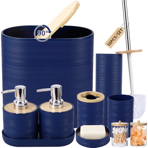 XLHOMO Juego de baño azul, juego de accesorios de baño azul marino con cubo de basura, 2 dispensadores de jabón, jabonera, soporte para cepillo de dientes, taza para cepillo de dientes, cepillo de