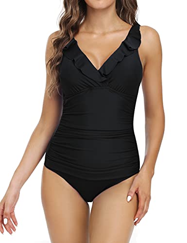 Firpearl Women's Ruffle One Piece Swimsuits V Neck Vintage Tummy Control Bathing Suits Black US8