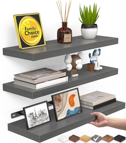 BAYKA Grey Floating Shelves for Wall, Wall Mounted Rustic Wood Shelves for Bathroom, Bedroom, Living Room, Kitchen,Small Hanging Shelf for Books/Storage/Room Decor (Set of 3, 15.7in)