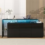 RANGEMENT GÉNÉREUX ET BIEN ORGANISÉ : Avec 2 portes, 4 tiroirs, 2 espaces ouverts et une cloison en verre, ce meuble de rangement offre une organisation optimale. Idéal comme buffet salle à manger ou meuble cuisine rangement, il accueille vaisselle, livres, accessoires multimédias ou objets déco, tout en gardant un intérieur ordonné.