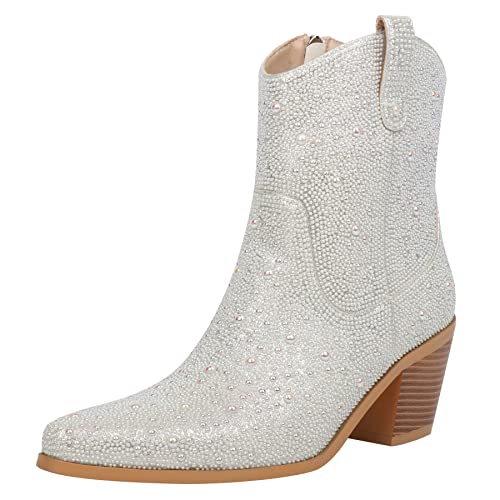 FIFSY Women Pearl Cowboy Boots Glitter Chunky Heel Sparkly Cowgirl Ankle Boots pearl-silver US6.5 EU36.5