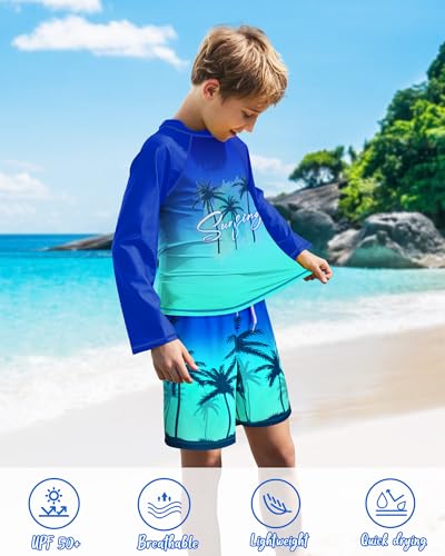 Image of Boys Rash Guard Swim Set with Swim Trunks Bathing Suit Long Sleeve Swim Shirt Quick Dry Swimsuit Kids Swimwear Size 7-16
