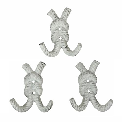 Zeckos 4 Inch Cast Iron Rope Knot Wall Hooks, Set of 3 Nautical Double Coat Hooks, Antique White Coastal Wall Decor with Matching Screws for Beach Bathroom, Entryway, Mudroom or Bedroom