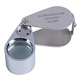 Esta lupa de cristal iluminada de 30 aumentos está fabricada con metal resistente con cristal óptico de 21 mm de longitud y tiene una brillante luz LED doble.