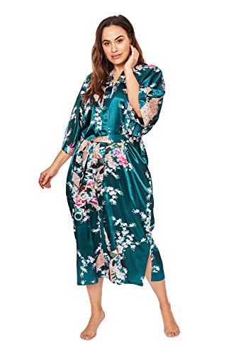 KIM+ONO Peacock and Blossoms Satin Long Kimono Robe #TOP20