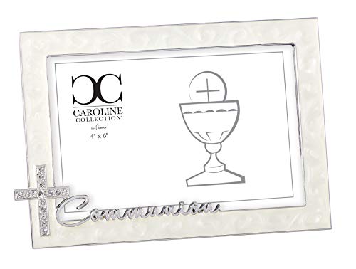 Roman - Communion Frame for 4" x 6" Photo, Rhinestone Cross, Caroline Collection, Horizontal Tabletop or Desk Display - 4.75" H, Metal, Decorative, Durable