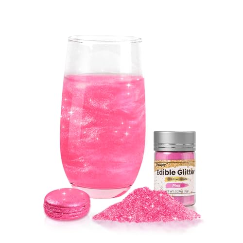 Dazzjoy Valentines Pink Edible Glitter for Cocktails, 7g, Shimmer Dusting Powder for Cake Decorating, Drinks, Cupcake, Cookies, Baking, Wedding Holiday Party Supplies