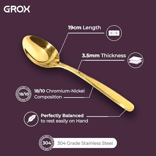 Image of GROX Curve Large Spoon - Set of 6 | Gold | 20 cm | 304 Stainless Steel 18 /8 | Elegant Dining Spoon