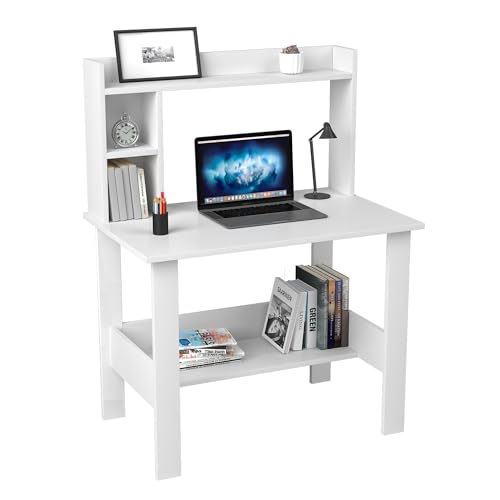 Image of Callas ST-40 Wooden Study Table with Hutch & Bottom Storage - Multi-Purpose Office Desk for Laptop, Computer, Writing & Study - Durable Engineered Wood Workstation for Home & Office (White, ST-40)