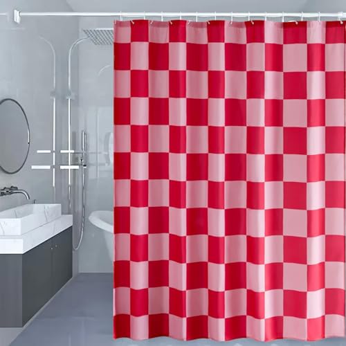 Duschvorhang 180×180cm - Karierter Badevorhang Anti Schimmel Waschbar Wasserdichter Schnelltrocknend für Badewanne mit 12 Haken Retro Schachbrett Shower Curtain Polyester Textil Vorhang (Rot & Pink)