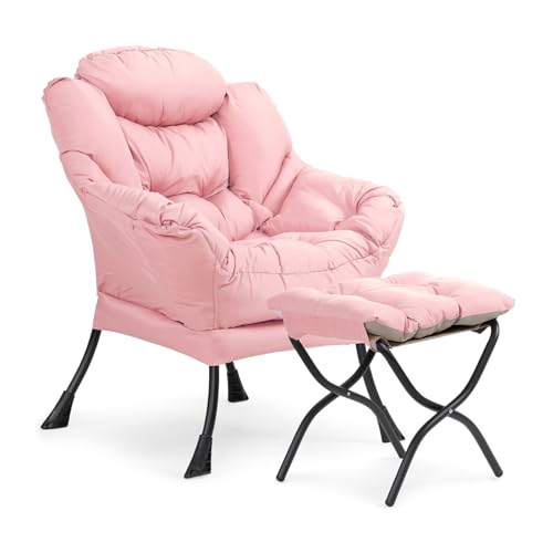 Athena Collection Lazy Lounge Chair with Ottoman, Modern Soft Reading Arm Chair for Adults, Comfy Sofa Armchair with Footrest and Side Pocket for Corner, Living Room, Bedroom, Small Space, Pink