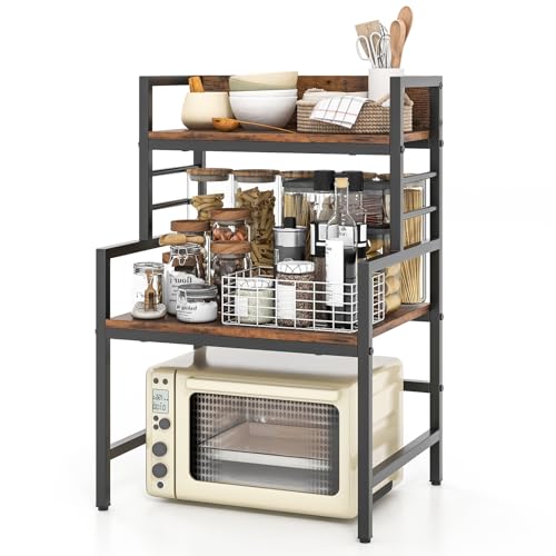 KOMFOTTEU Estante de Cocina de 2 Niveles, Soporte de Microondas con Patas Ajustables, Estantería con Marco de Metal, Mueble Auxiliar para Cocina, Bar, Carga de 50 kg, 52 x 42 x 78 cm, Marrón