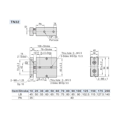 Cilindro de aleación de aluminio TN20 de vástago doble neumático 5