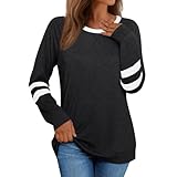 Womens Long Sleeve Shirts Casual Color Block Crewneck Tops Fall Fashion Basic Tee Clothes Black