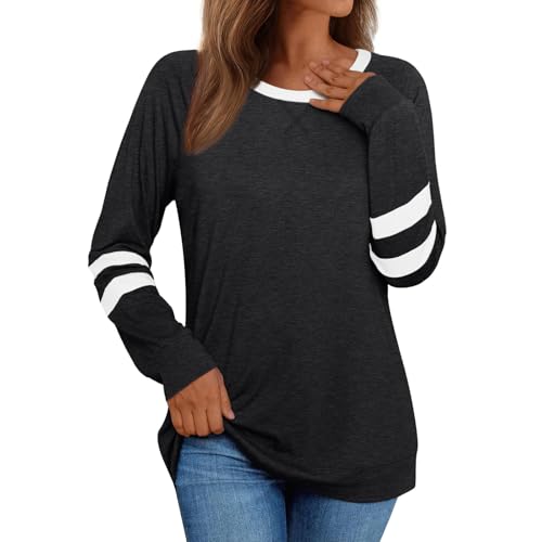 Womens Long Sleeve Shirts Casual Color Block Crewneck Tops Fall Fashion Basic Tee Clothes Black