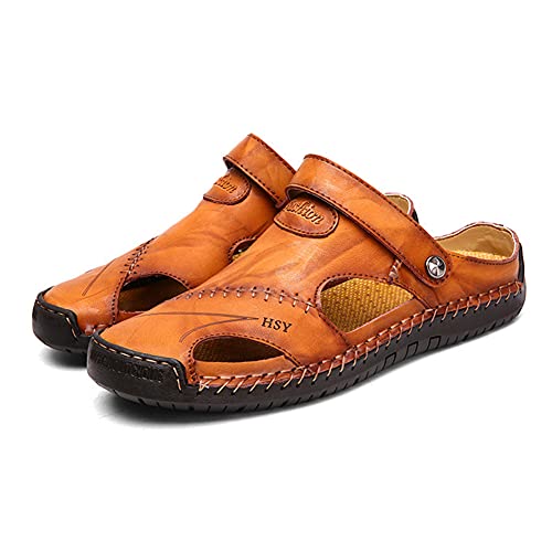 Men's Leather Sandals Casual Waterproof Closed Toe Sandals for Men Fisherman Sandals Anti-Slip Slippers Sandals (Yellow Brown)