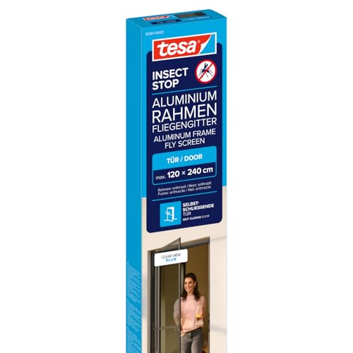 tesa INSECT STOP Aluminium Rahmen Fliegengitter für Türen XL - Insektengitter mit Aluminium-Rahmen & Clear View - Tür Insektenschutz - 120 cm x 240 cm Anthrazit