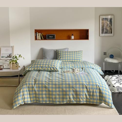 Image of mixinni Plaid Duvet Cover Set King Yellow - Soft Washed Cotton Modern Geometric Bedding Set with 2 Pillowcases, Blue Green Gingham Grid King Duvet Cover for Men & Women, Soft & Lightweight