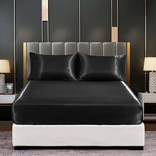 DuShow Satin Fitted Sheet Queen Black,Silky Deep Pocket(13.78) Satin Bed Sheets,Breathable Soft Comfortable Satin Sheets Queen,Fitted Sheet Only(Black,Queen) DuShow Satin Fitted Sheet Queen Black,Silky Deep Pocket(13.78") Satin Bed Sheets,Breathable Soft Comfortable Satin Sheets Queen,Fitted Sheet Only(Black,Queen)