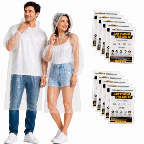 Image of Disposable Rain Ponchos for Adults, 5 Pack /10 Pack, Clear Waterproof Ponchos with Hood for Travel & Hiking