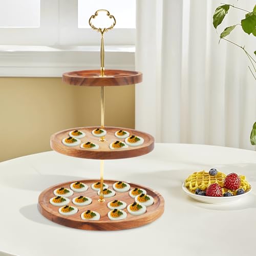 3 Tier Wooden Deviled Egg Platter, 26 Holes Double Sided Egg Serving Tray Holder, Fruit Stand Plate for Cupcake Fruit Candy, Reversible Cake Display Platter for Gatherings Housewarming