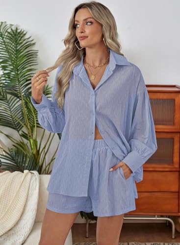 Image of Fixmatti 2 Piece Outfits Long Sleeve Button Down Shirt and Shorts Sweatsuit Lounge Sets