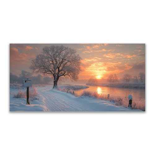 Tableau paysage d'hiver de forêt et lac pour salon - Toile moderne Orange 28 50x100cm