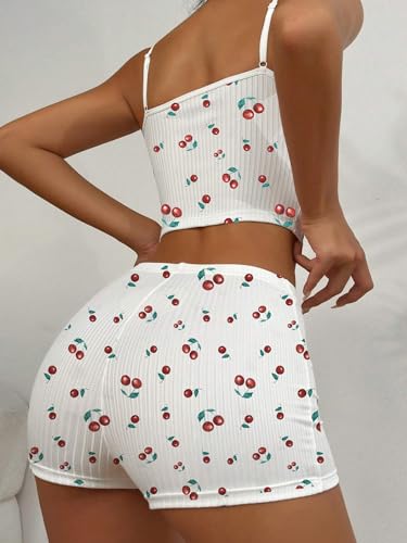 Image of Hilinker Womens Graphic 2 Piece Pajama Set Summer Cute Crop Cami and Shorts Ribbed Lounge Sets