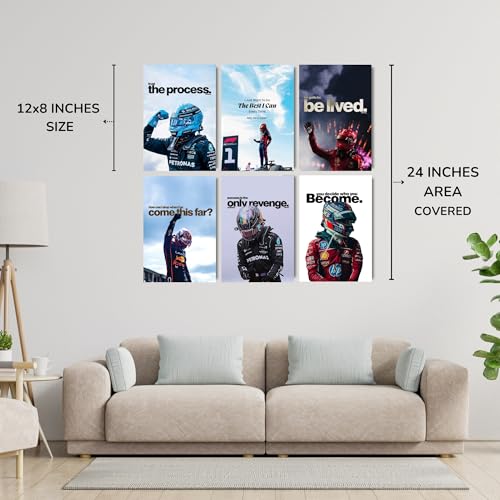 Image of Posters Inc Sports F1 Cars Motivational Posters for Wall A4 Size Aesthetic Setup 300 GSM Matte Paper Pack of 6 Automotive Motorsport Decor for Boys Gaming Room, Bedroom, Home & Office with Adhesive