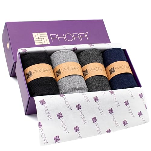 PHORPI Mens 100% Cotton Socks – Dress Classic Multicolour 6-11, 4 Pair Multipack for Men’s (Black, Blue, Grey, Dark Grey)