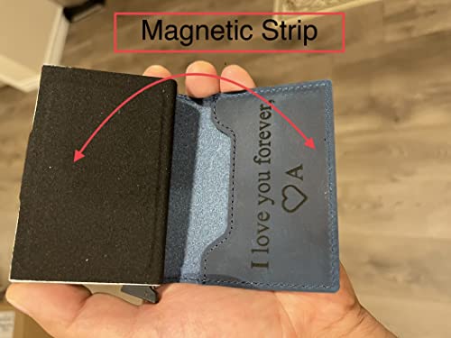 Personalized Minimalist Genuine Leather Wallet with Magnetic Closure. Handwriting Customized Engraved Slim Pop-Up RFID Credit Card Holder. Christmas gift for Man and Women.2