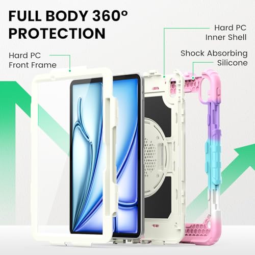 Image of SEYMAC Kids Case for iPad Air 11 Inch M4 / M3 / M2 (2026 /2025 / 2024), Heavy Duty Shockproof Protective Case with Screen Protector, Rotating Stand and Hand /Shoulder Strap, Colorful Pink