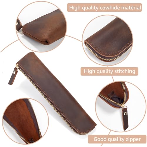 Image of GORGECRAFT Leather Pencil Case Crazy Horse 202 * 50 * 17mm Genuine Leather Pencil Pouch Coffee Ultra Slim Rectangular Portable Zippered Pen Cases with Zipper for Men and Women Office Supplies