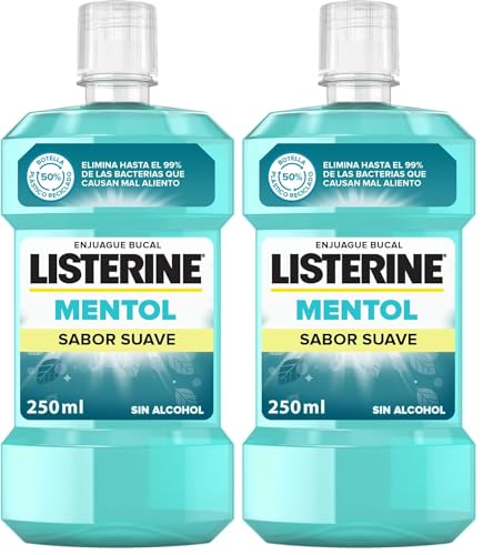 Listerine Mentol Sabor Suave (1x250 ml), enjuague bucal con flúor y 0% alcohol, colutorio encías con 24 h de protección, enjuague bucal sin alcohol para un aliento fresco (Paquete de 2)