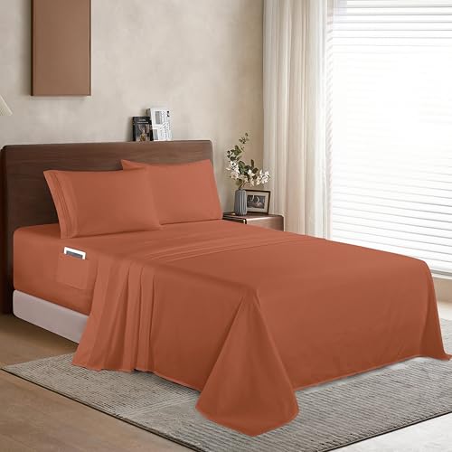Elegant Comfort Luxury 1500 Premium Hotel Quality Microfiber 4-Piece Sheet Set - Soft, All Around Elastic 18-24 Inches Deep Fitted Sheet - Extra Deep Pocket Sheets, Queen, Coral