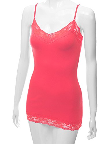 XT1004L Ladies Adjustable Spaghetti Strap Lace Trim Long Tunic Cami Tank Top Coral XL