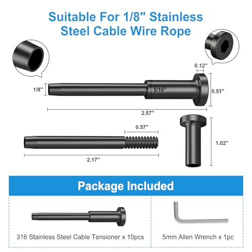 Image of 10Pack 1 /8 inch Black Invisible Cable Railing Kit, T316 Stainless Steel Invisible Receiver and Swage Stud End for Cable Railing, Swage Tensioner for Wood&Metal Cable Post, Wire Railing Kit, RG60