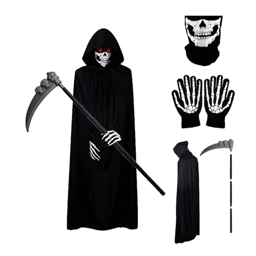 Halloween Grim Reaper Costume, Scary Halloween Costume Set with Black Hooded Cape, Skull Facewear, Skeleton Gloves and Death Scythe, Ideal for Halloween Cosplay Costume Props【90CM】