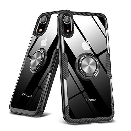 iPhone XR ケース クリア 薄型 リング付き 耐衝撃 全面保護 背面強化ガラスケースクリア TPU バンパー スタンド機能 透明 落下防止 耐衝撃 擦り傷防止 指紋防止360度回転 マグネット 車載スタンド対応 アイフォンxrケースカバー 薄型 軽量人気 一体型 全面保護カバー 黒 B34
