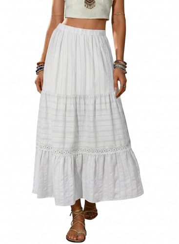 BLENCOT Women's White Long Skirt Boho A-Line Flowy Maxi Skirts Medium