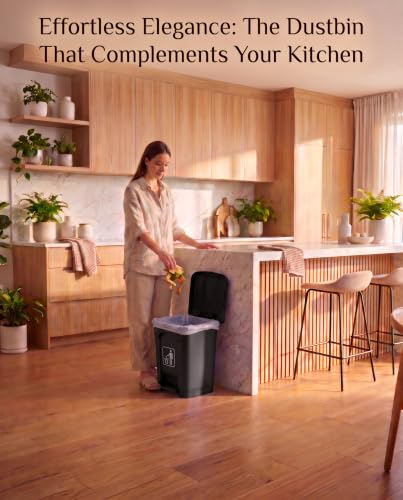 Image of pedal dustbin with lid, heavy duty plastic garbage bin, hands-free step-on waste bin for kitchen, office, home, hotel, bathroom & outdoor use (Jet Black, 35 Liters)