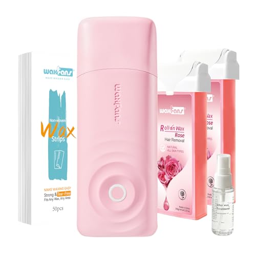 Waxfans Roll On Wax Kit for Women Roll on Wax Kit- Easy to Use - At-Home Hair Removal for Body (Arms & Legs) with 2 Rose Wax Roller Cartridges & 50 Strips(Pink)