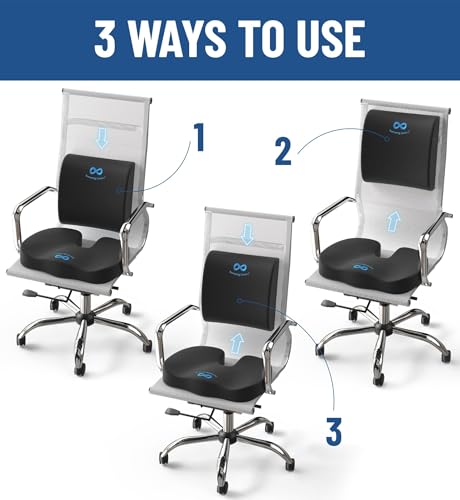 Everlasting Comfort Seat Cushion & Back Support Cushion - Memory Foam Lumbar Support for Office Chair, Car, Travel, Airplane, Desk Chair Pillow - Lumbar Pillow Non-Slip, Black