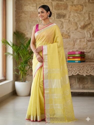 Image of STB-SILK TEXTILES BHAGALPUR Women's Linen Slub Saree With Contrast Blouse Piece