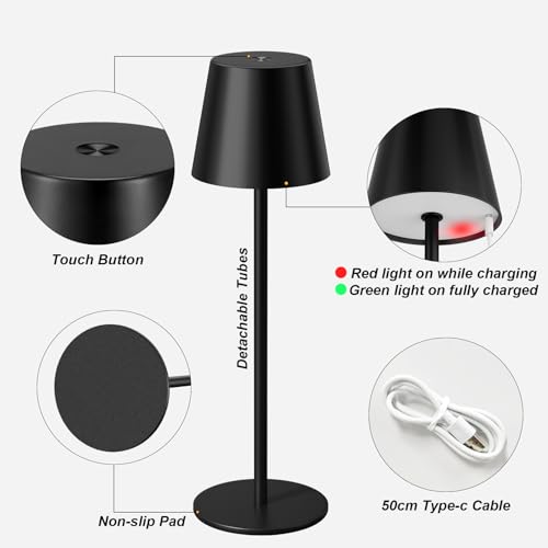 Image of Kakanuo 20 inch Black Cordless Table Lamp Rechargeable - 2 Pack 5000mAH Battery Operated Lamp for Counter, 3 Color Stepless Dimming Wireless Lamp for Dining Table, Touch Control