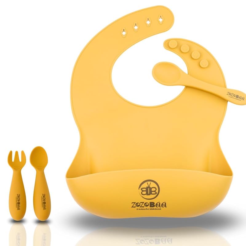 Image of Silicone Baby Bib with Spoon and Fork Set | Waterproof Adjustable Bib & First Stage Feeding Utensils for Infants & Toddlers | Soft Silicone Spoon for Baby 6 Months+, 1 Set, Mango Yellow