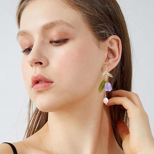 Violet Bell Orchid Pearl Stud Earrings for Women Simple Bell Orchid Flower Tassel Dangle Drop Earrings Wedding Party Daily Jewelry Gifts2